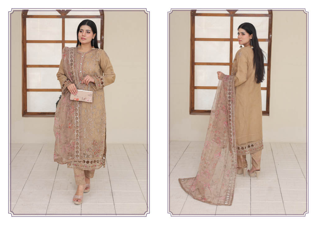 RUMMAN Luxury Embroidered Organza Semi-Stitched Collection With Clutch