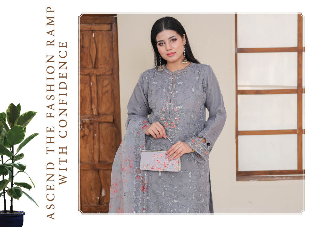 RUMMAN Luxury Embroidered Organza Semi-Stitched Suit With Clutch