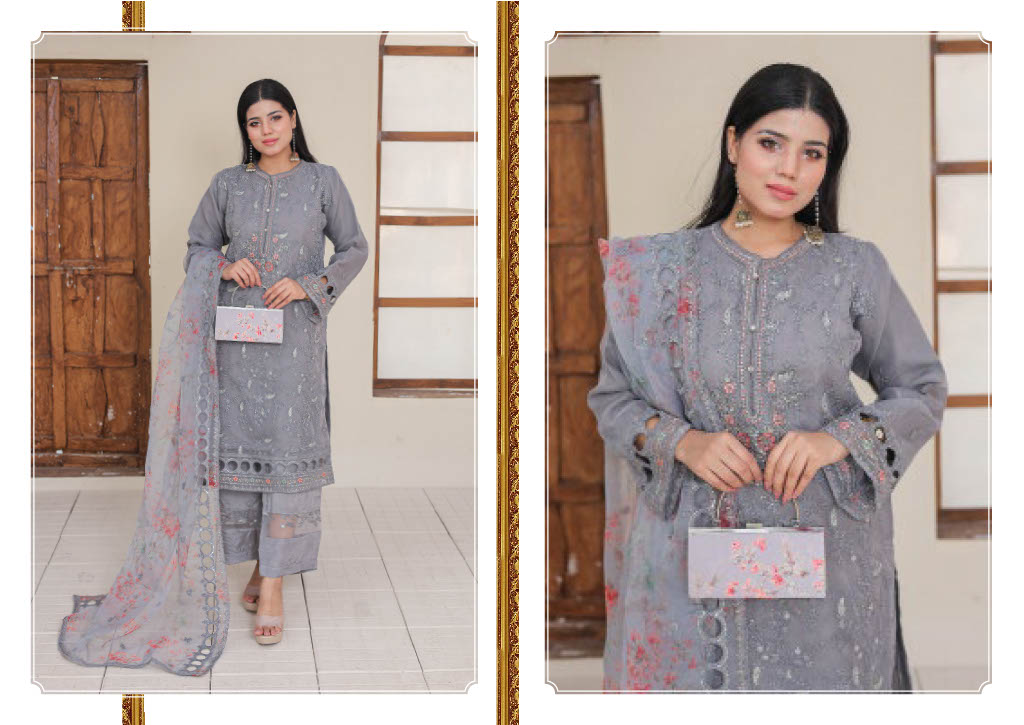 RUMMAN Luxury Embroidered Organza Semi-Stitched Collection With Clutch