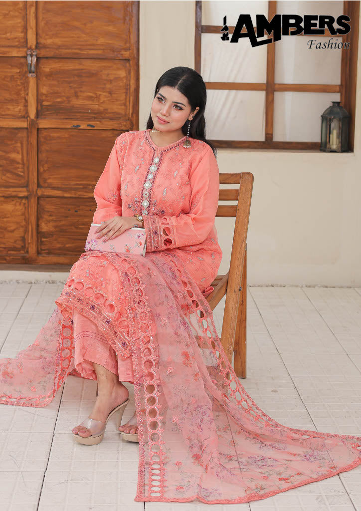 RUMMAN Luxury Embroidered Organza Semi-Stitched Collection With Clutch