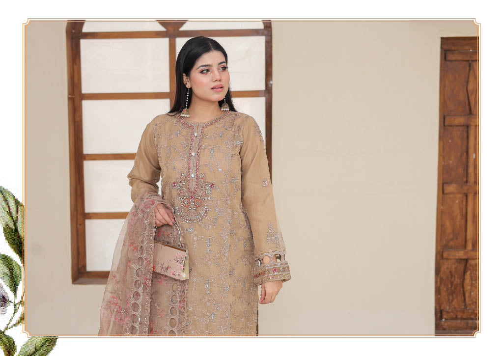 RUMMAN Luxury Embroidered Organza Semi-Stitched Collection With Clutch