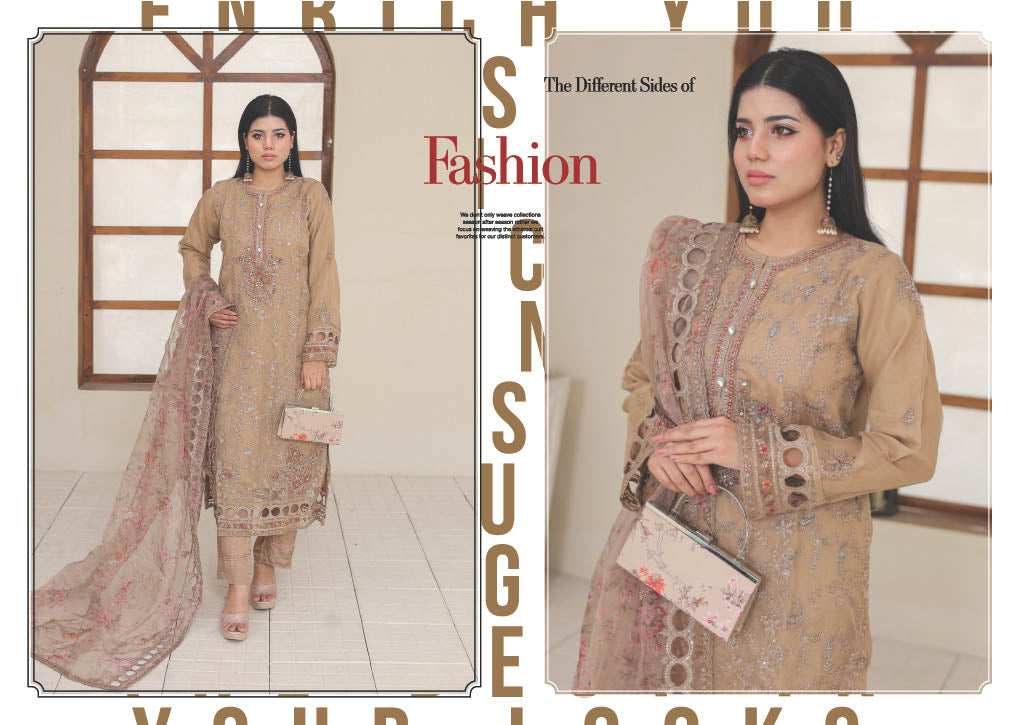RUMMAN Luxury Embroidered Organza Semi-Stitched Collection With Clutch