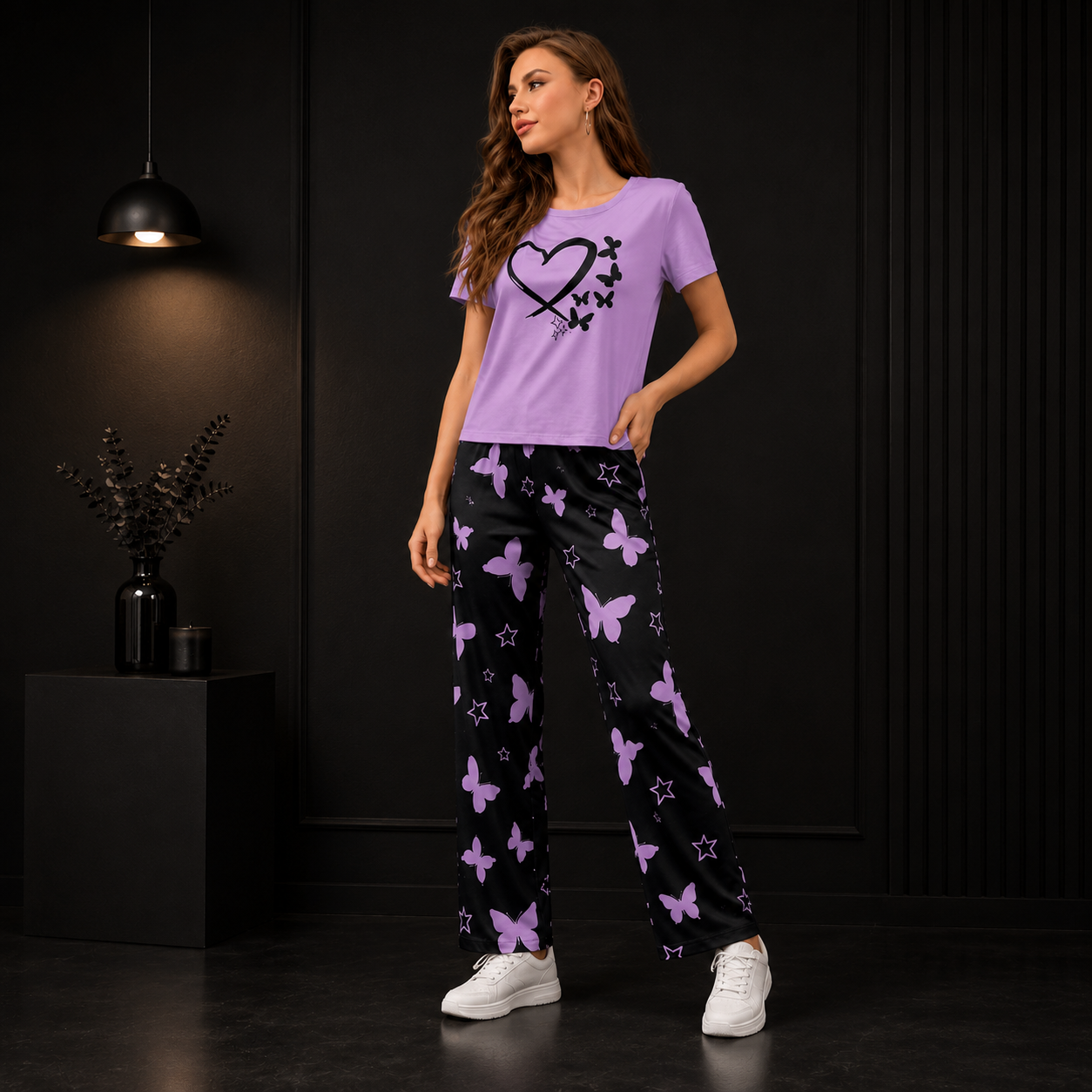 Butterfly Print Women’s Night Suit Set – Purple Half Sleeve T-Shirt & Black Pajama Lounge Wear