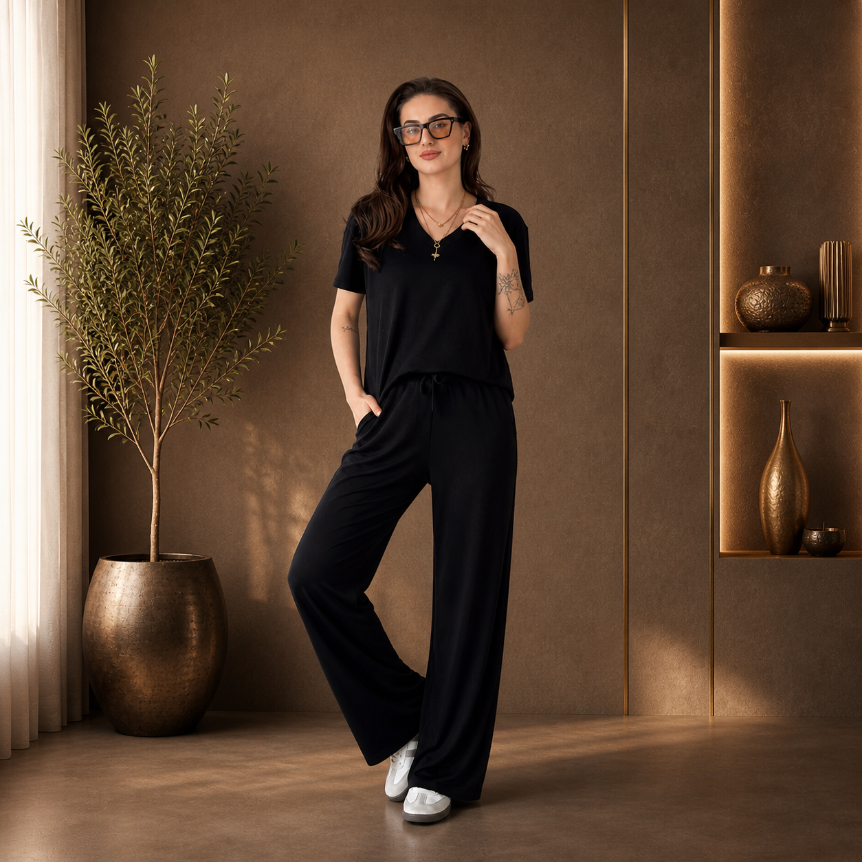 Women’s Black Relaxed Fit Lounge Co-Ord Set – Soft V-Neck Top & Wide Leg Pants