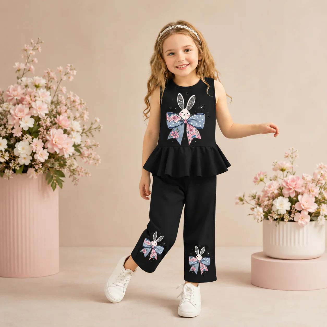 Black Bunny Bloom Kids Pajama Set
