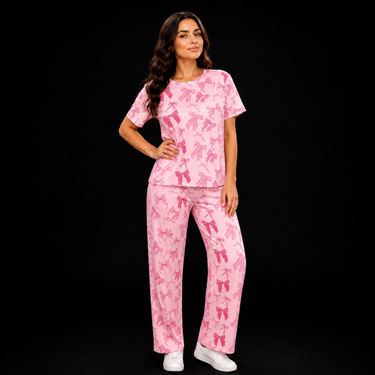Pink Bow Print Women’s Night Suit Set – Soft Lounge & Sleepwear Co-Ord