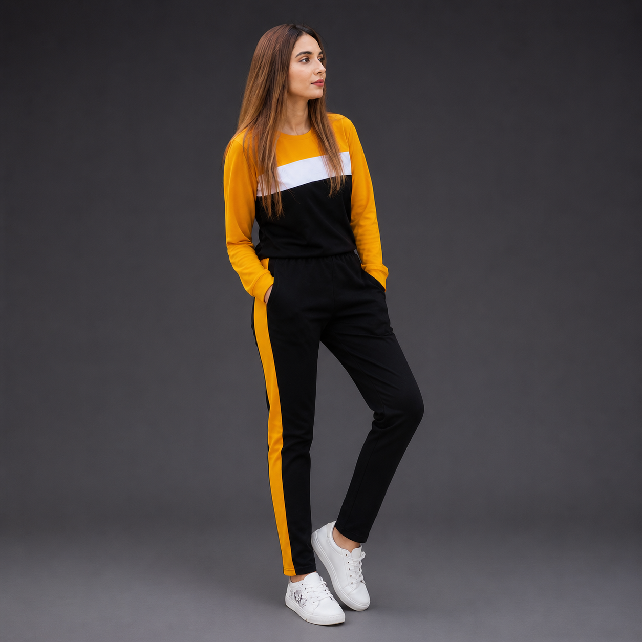 Women’s Mustard Yellow & Black Color Block Tracksuit Set