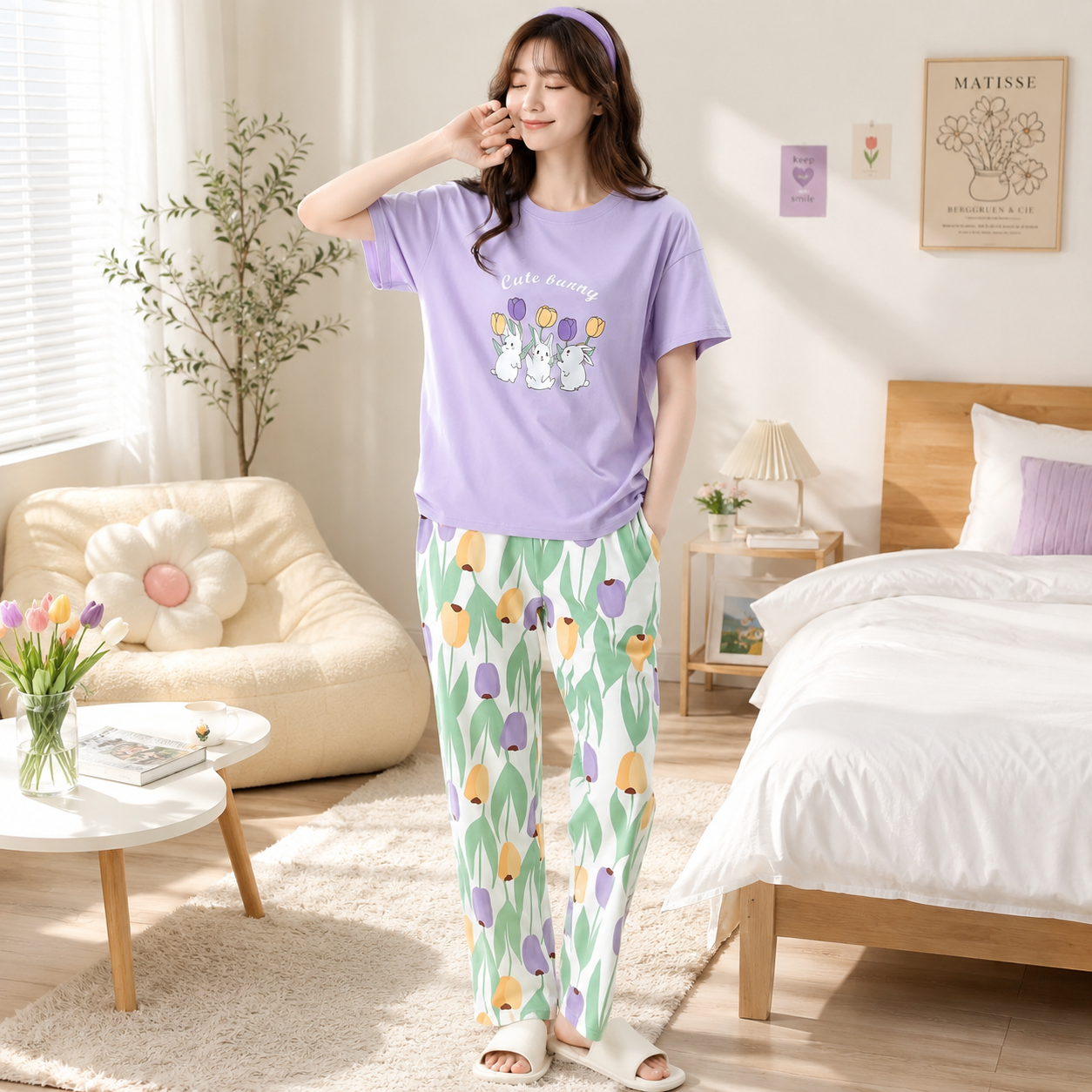 Women’s Cute Bunny Printed Night Suit Set – Lavender T-Shirt with Floral Pajama