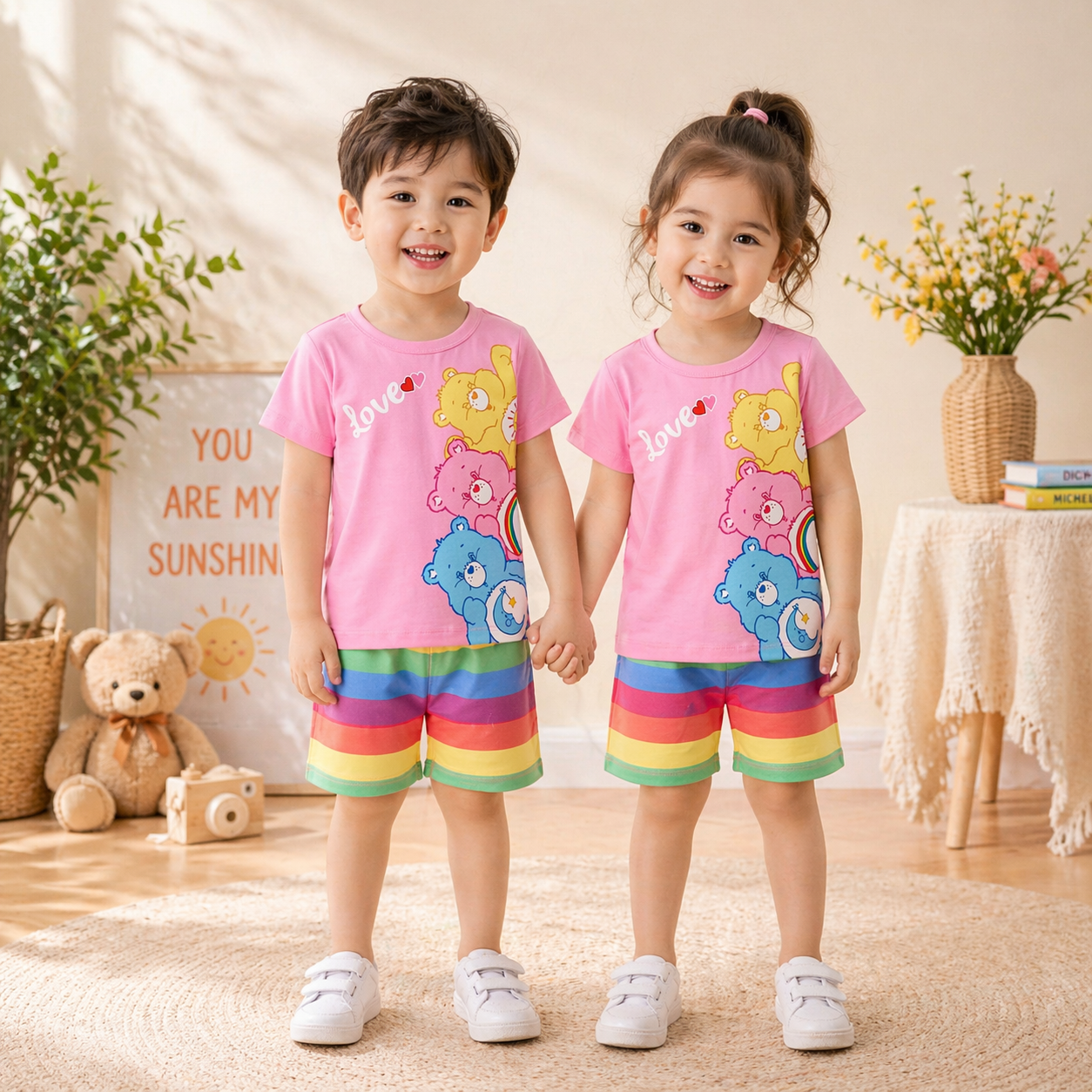 PINK LOVE BEAR PRINT SHORT-SLEEVE TEE & SHORTS SET