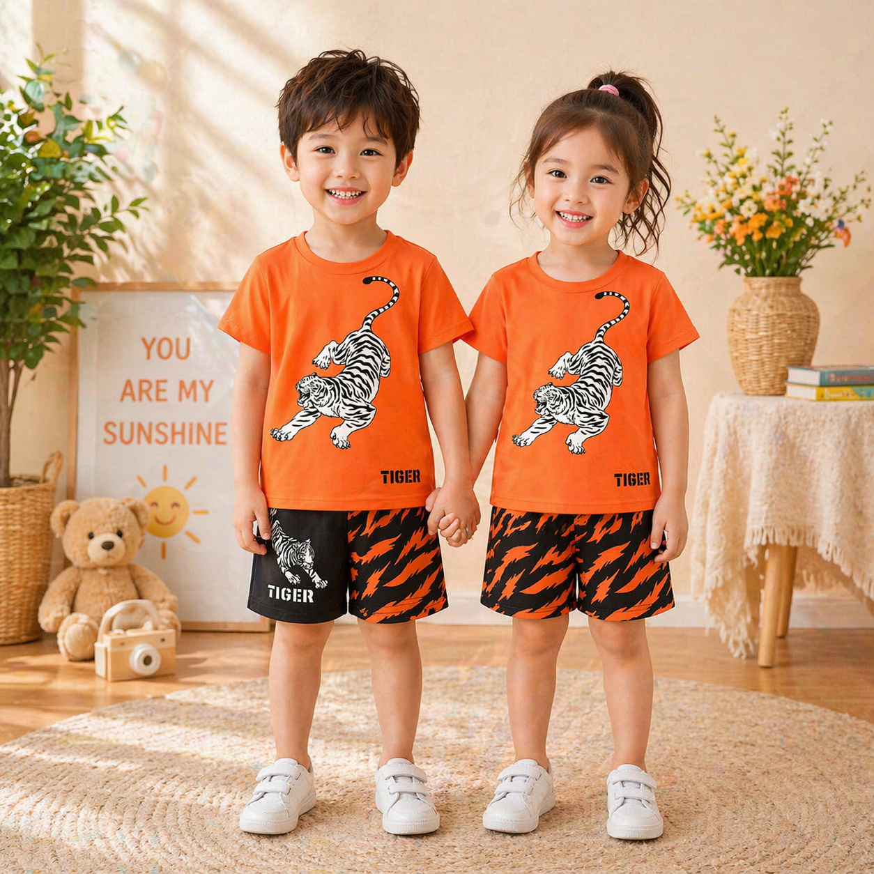 ORANGE & BLACK TIGER PRINTED SHORT SLEEVE KIDS WEAR