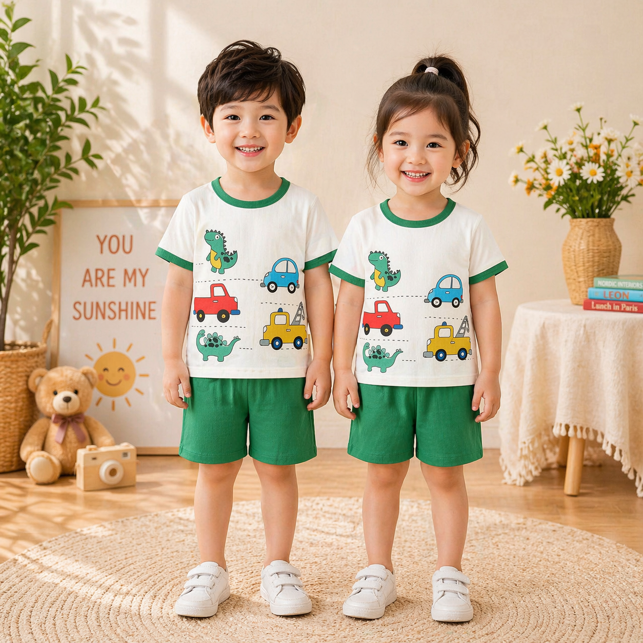 GREEN WHITE TRUCKS SHORT SET