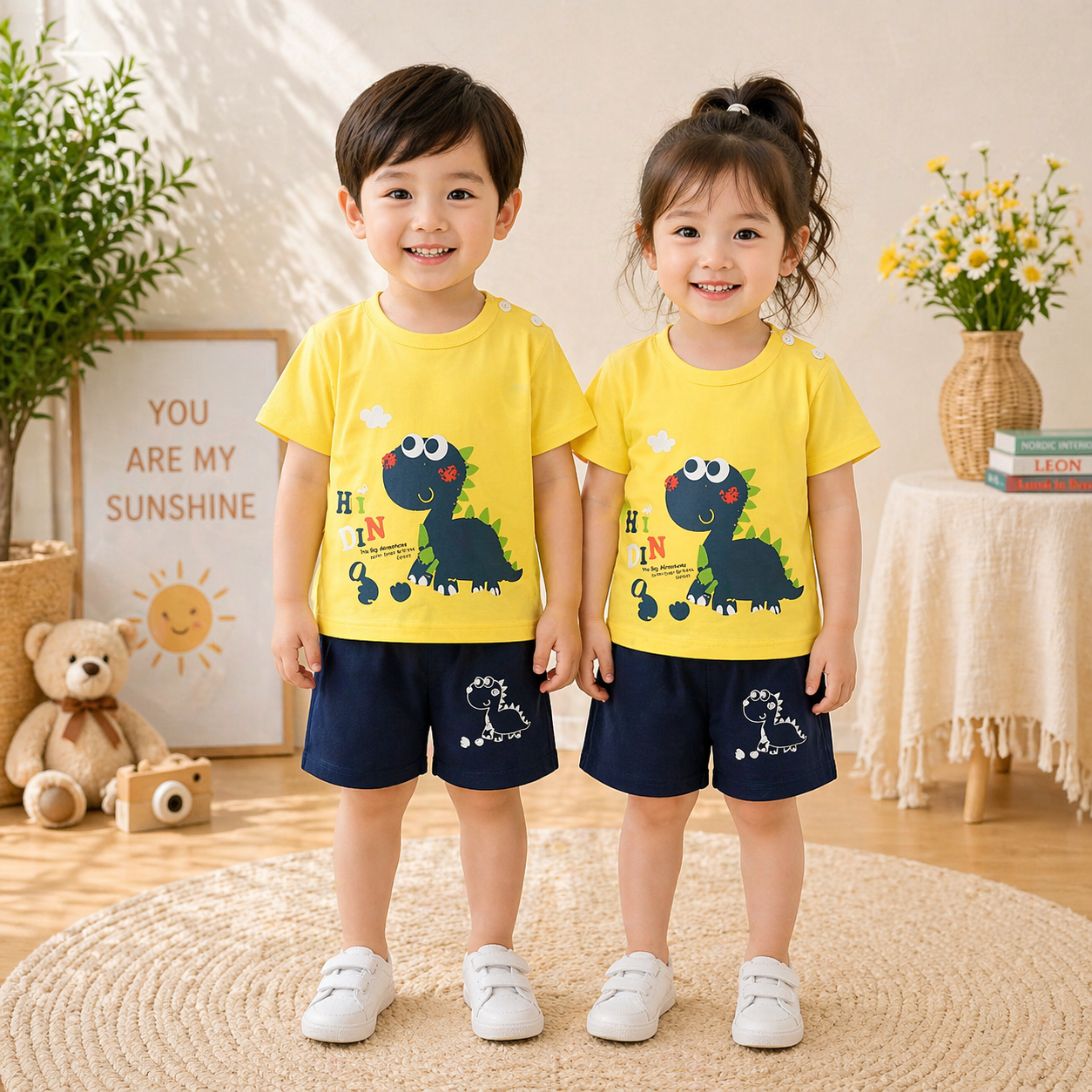 YELLOW & DINO PRINTED SHORT SLEEVE KIDS WEAR