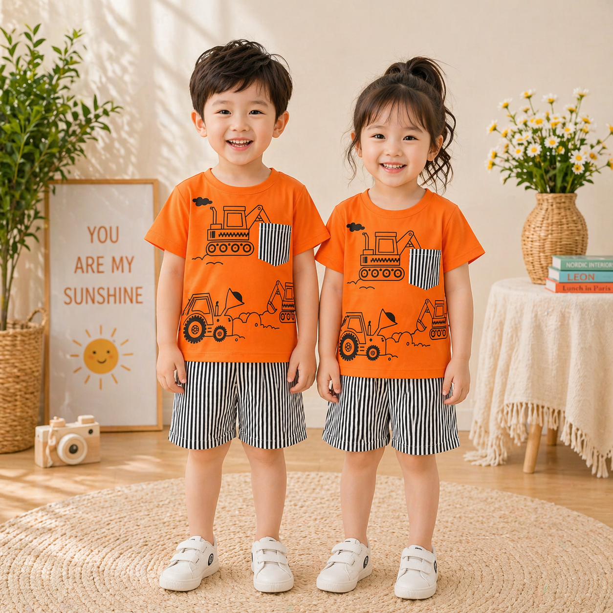 ORANGE WHITE & BLACK POCKET SHORT SET