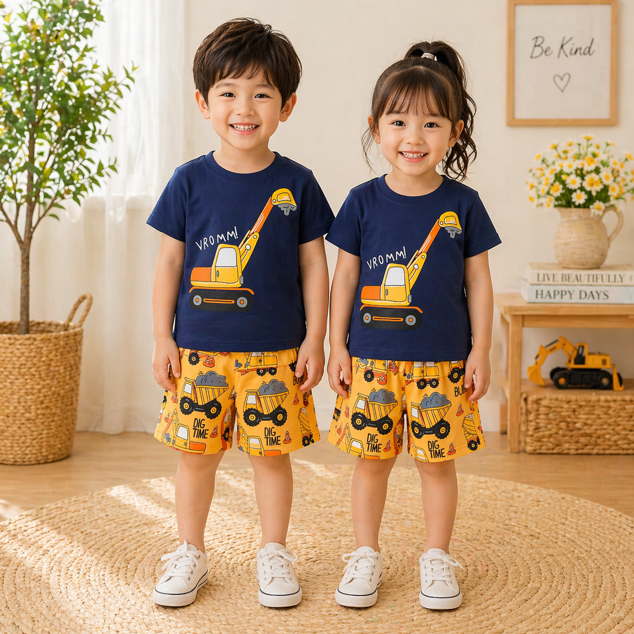 EXCAVATOR PRINT SHORT-SLEEVE TEE & SHORTS SET