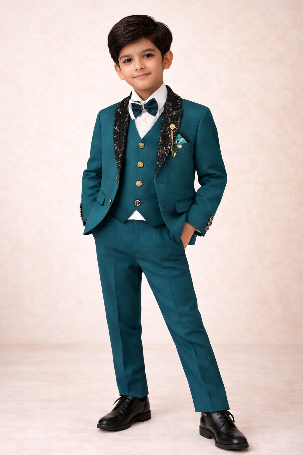 Boys Stylish Teal Green 4-Piece Coat Pant Set (Ages 2 to 11 Years)