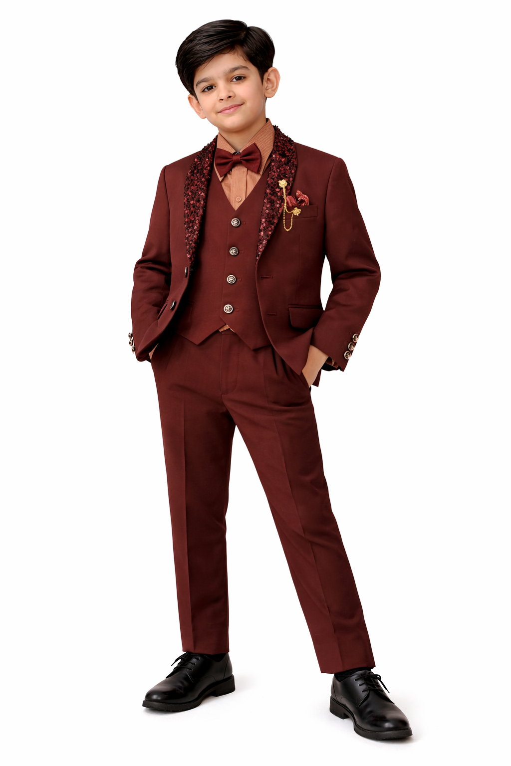 Boys Premium Mehroon 4-Piece Coat Pant Set (Ages 2 to 11 Years)