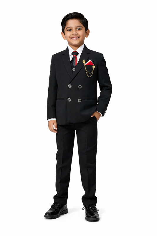 Boys Formal Coat Pant 4-Piece Set – Premium Black Suit (Ages 2–11 Years)