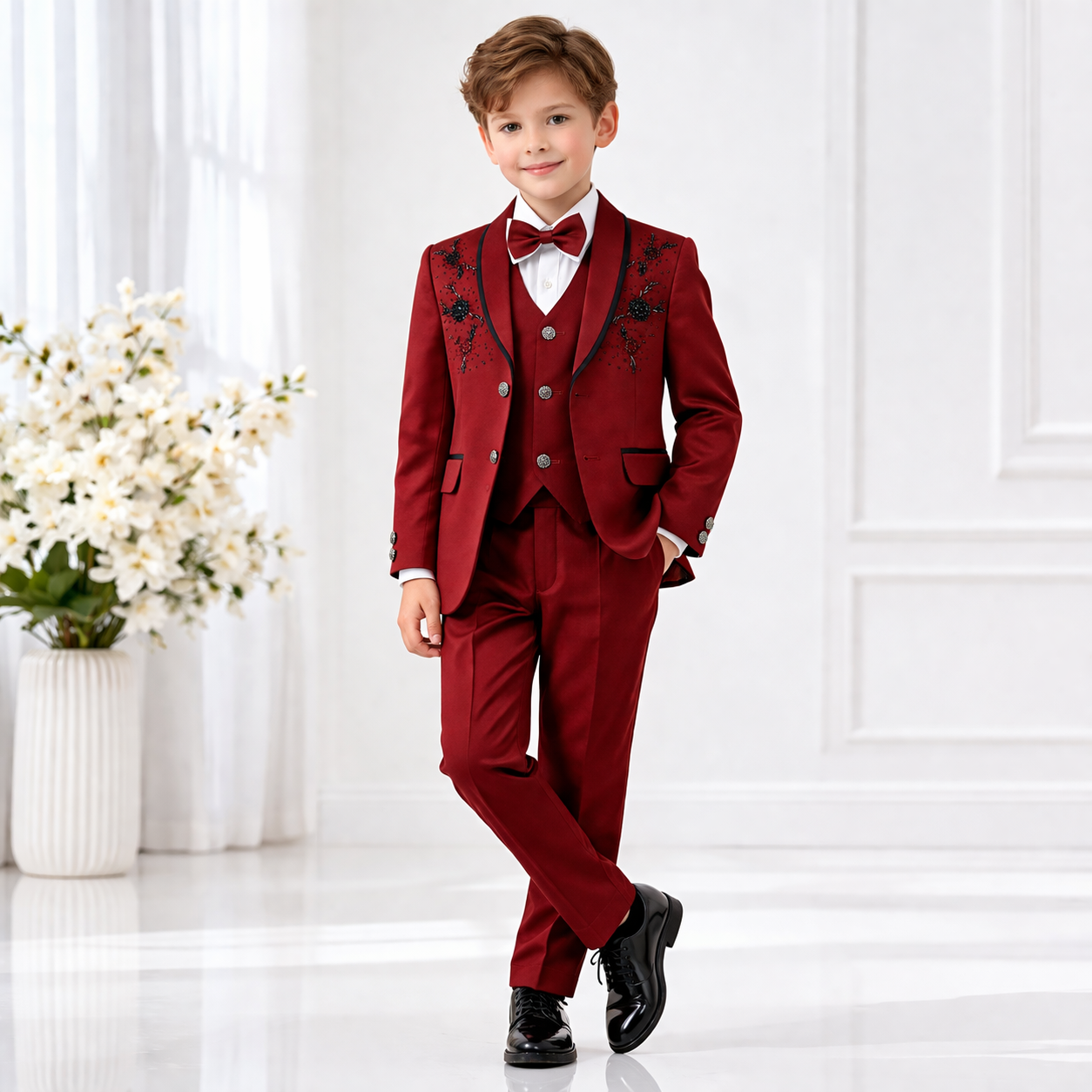 Boys Maroon Designer Coat Pant 4-Piece Set (Ages 2–11 Years)