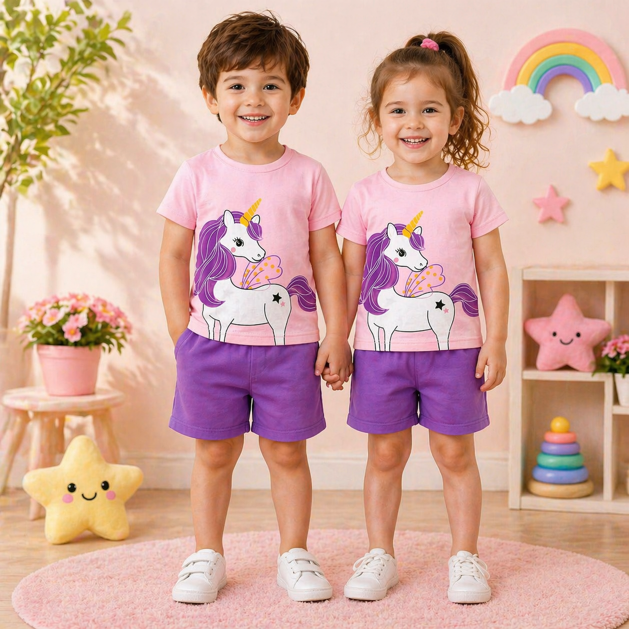 PINK PURPLE UNICORN PRINT SHORT-SLEEVE TEE & SHORTS SET