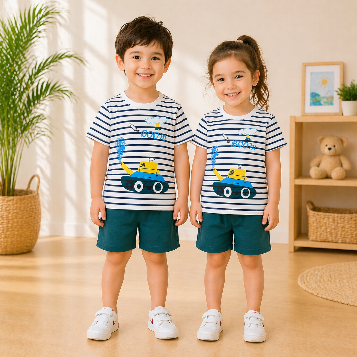 YELLOW & BLUE TANK PRINTED SHORT SLEEVE KIDS WEAR