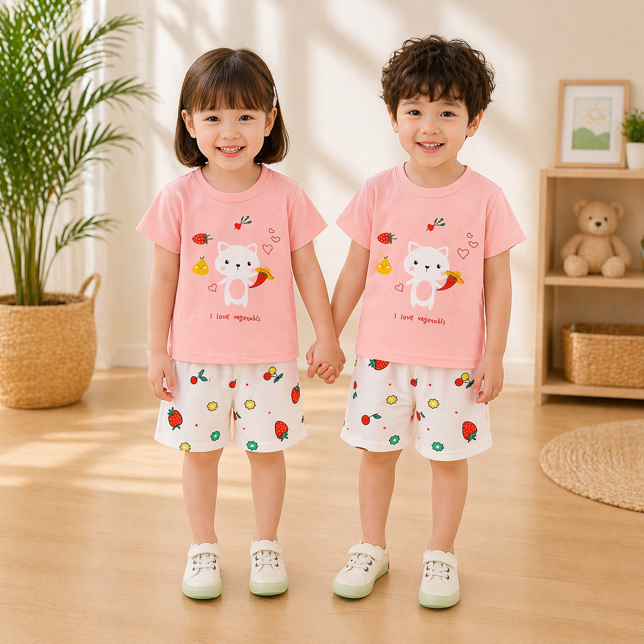 STRAWBERRY PRINTED SHORT SLEEVE KIDS WEAR