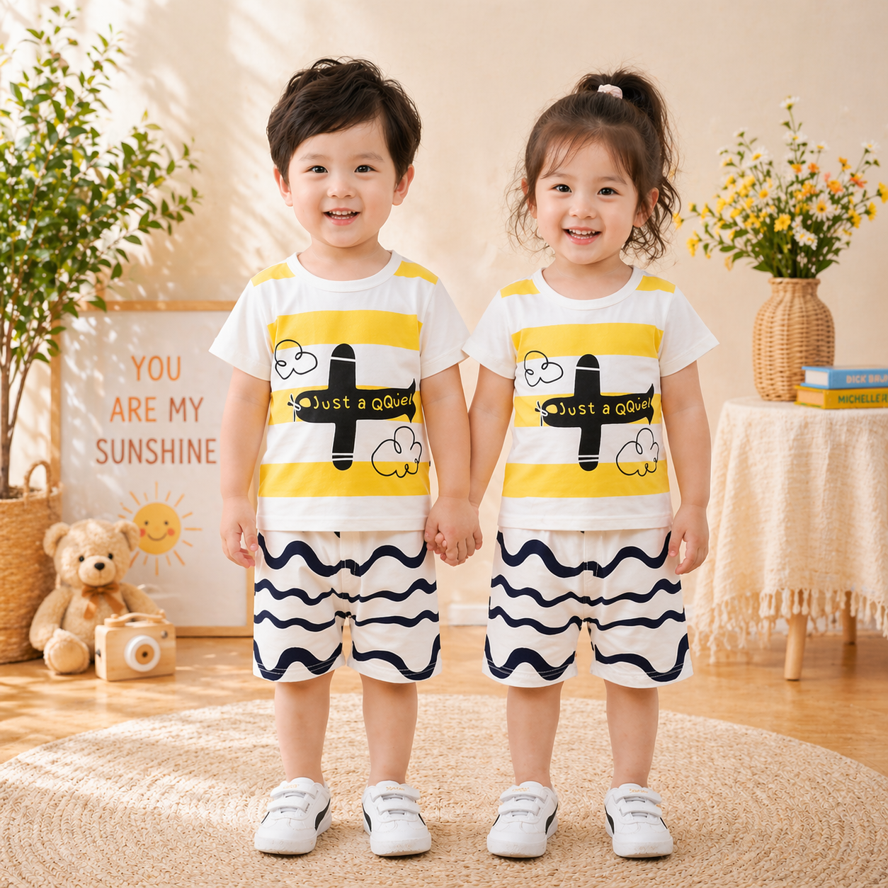 Aeroplane Printed Short Sleeve Cotton Kids Wear Set (2 Months - 6 Years)