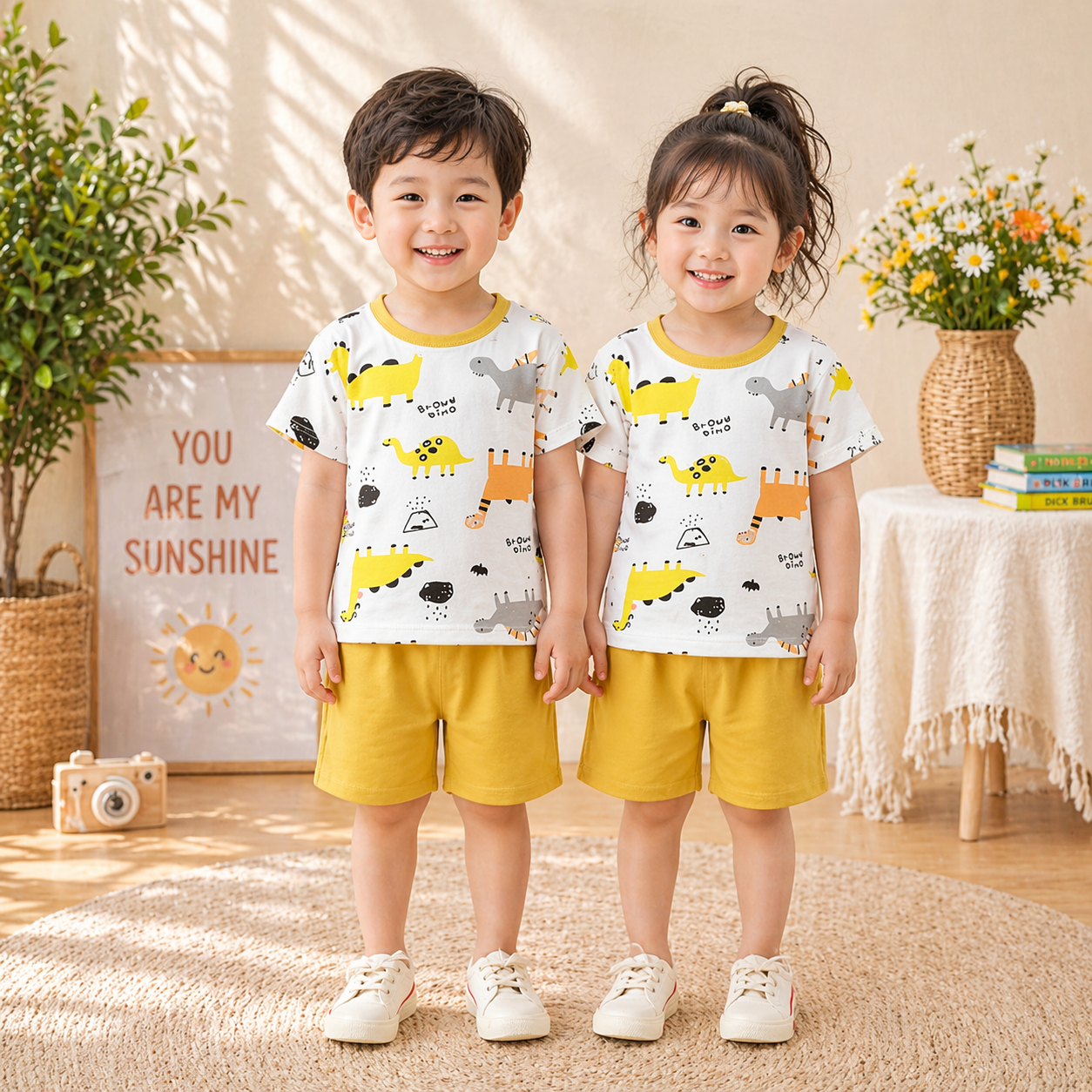 YELLOW GREY DINOSAUR PRINTED SHORT SLEEVE KIDS WEAR