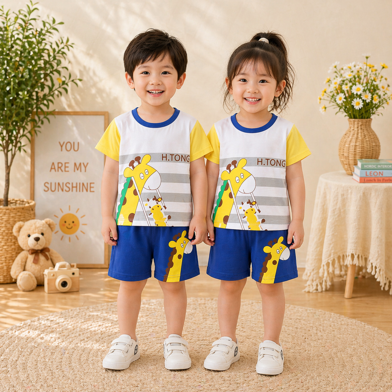 YELLOW AND BLUE PRINTED SHORT SLEEVE KIDS WEAR