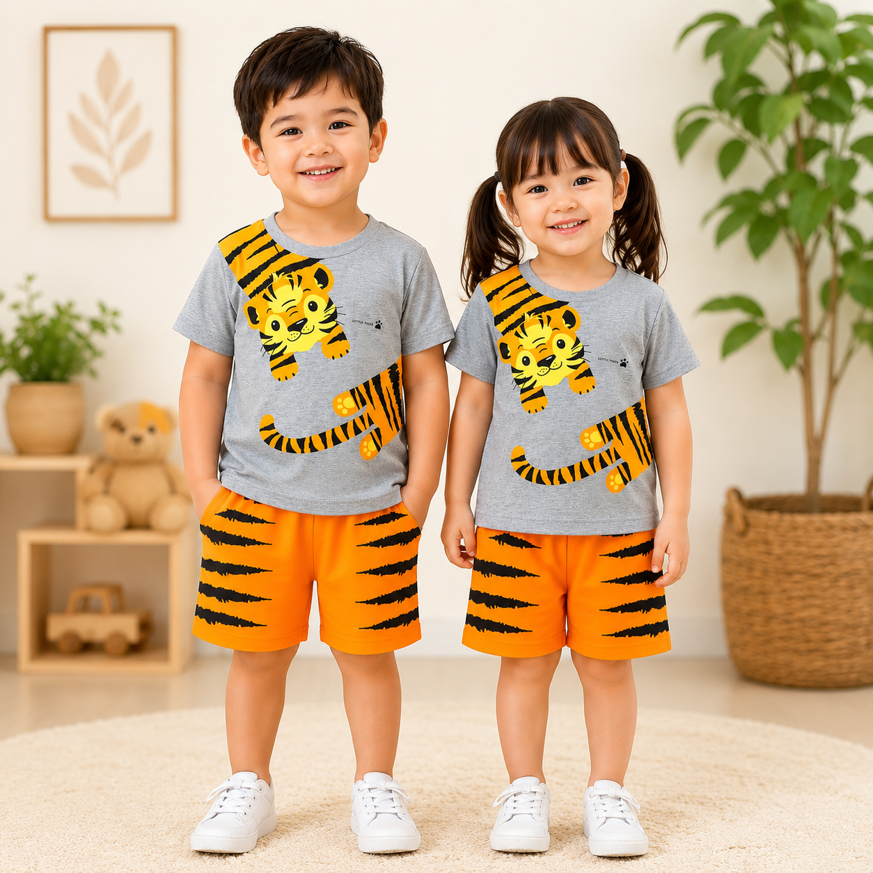 YELLOW TIGER PRINTED SHORT SLEEVE KIDS WEAR