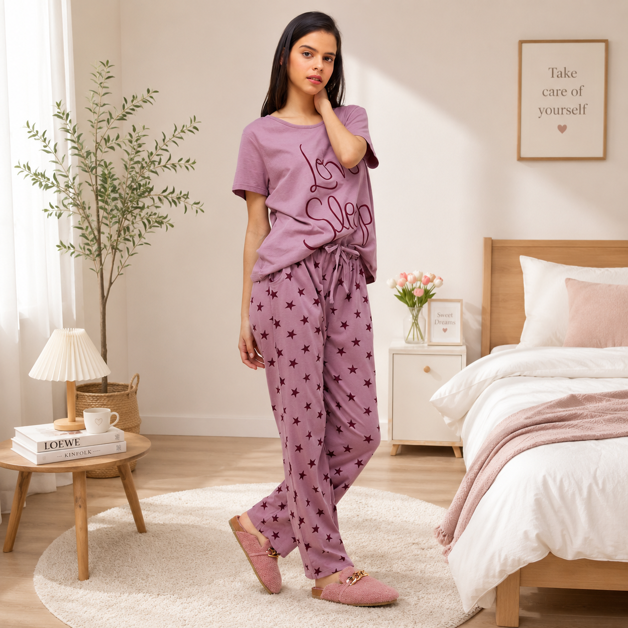 Women’s Pink “Love Sleep” Printed Night Suit Set – Soft Cotton T-Shirt & Star Print Pajama
