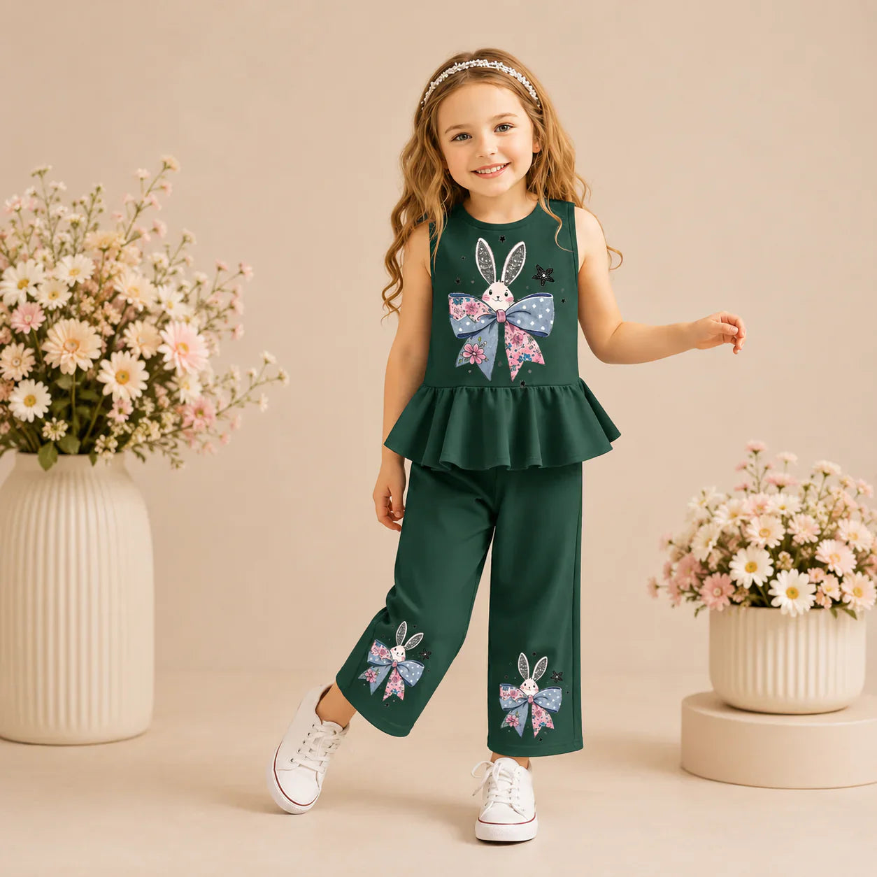 Dark Green Bunny Bloom Kids Pajama Set