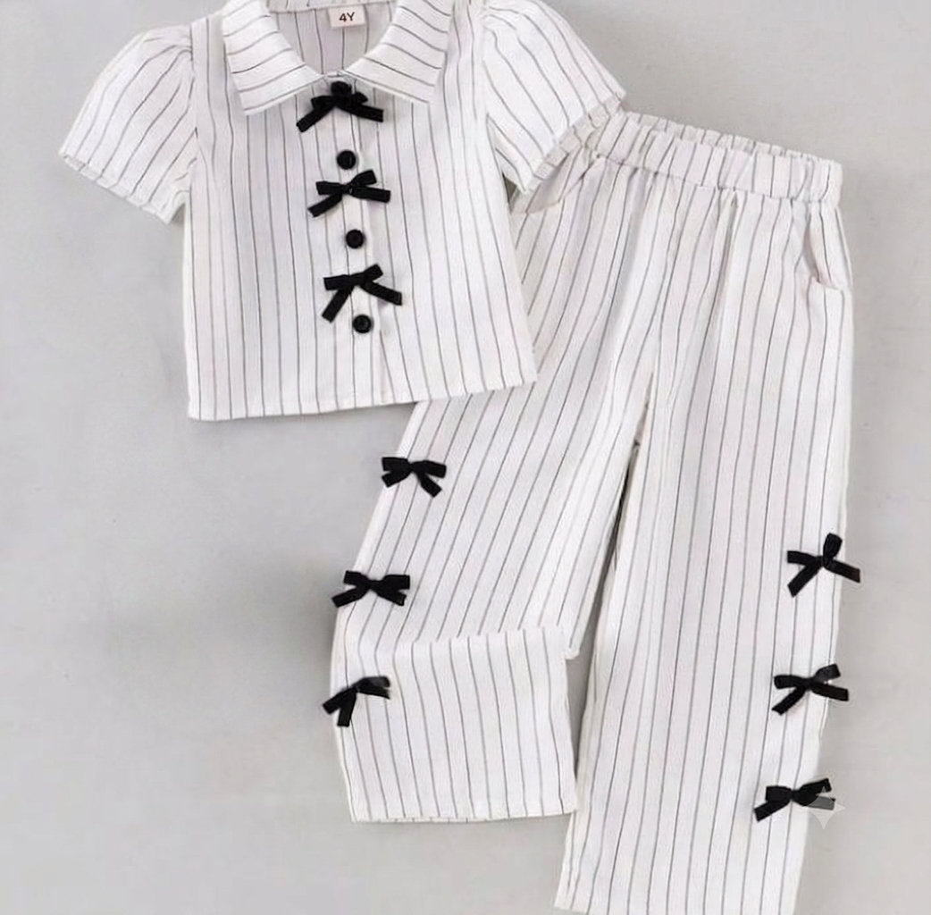 Girls Summer Striped Co-Ord Set – Soft Jersey Shirt & Trousers with Bow Details