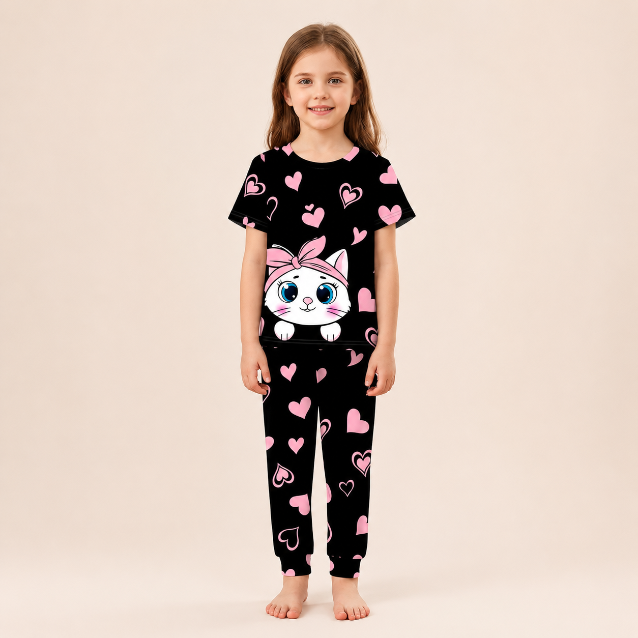 Black Kitty with black hearts  Printed Kids Wear