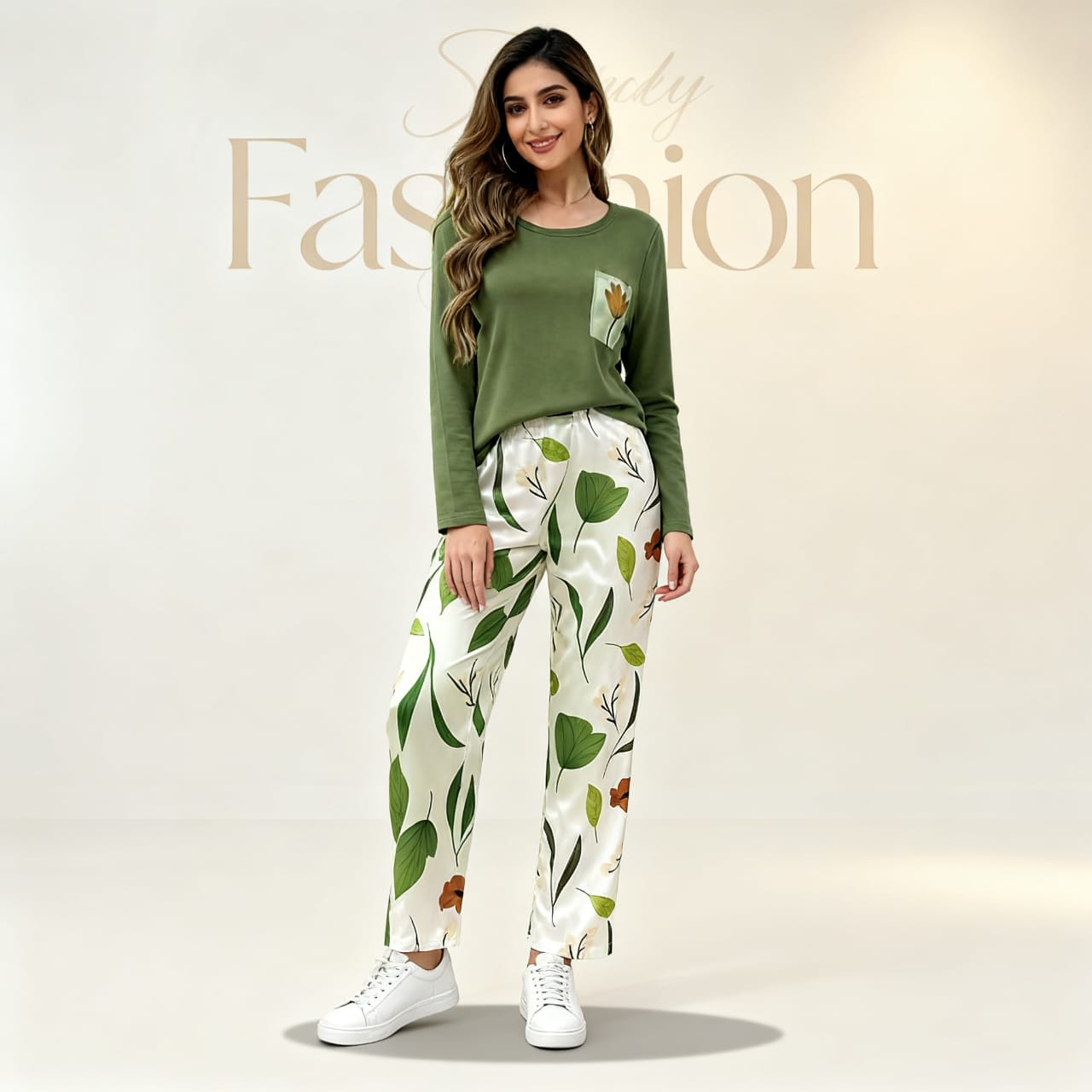 Women’s Olive Green Floral Lounge Set – Full Sleeve Top with Leaf Print Pajama