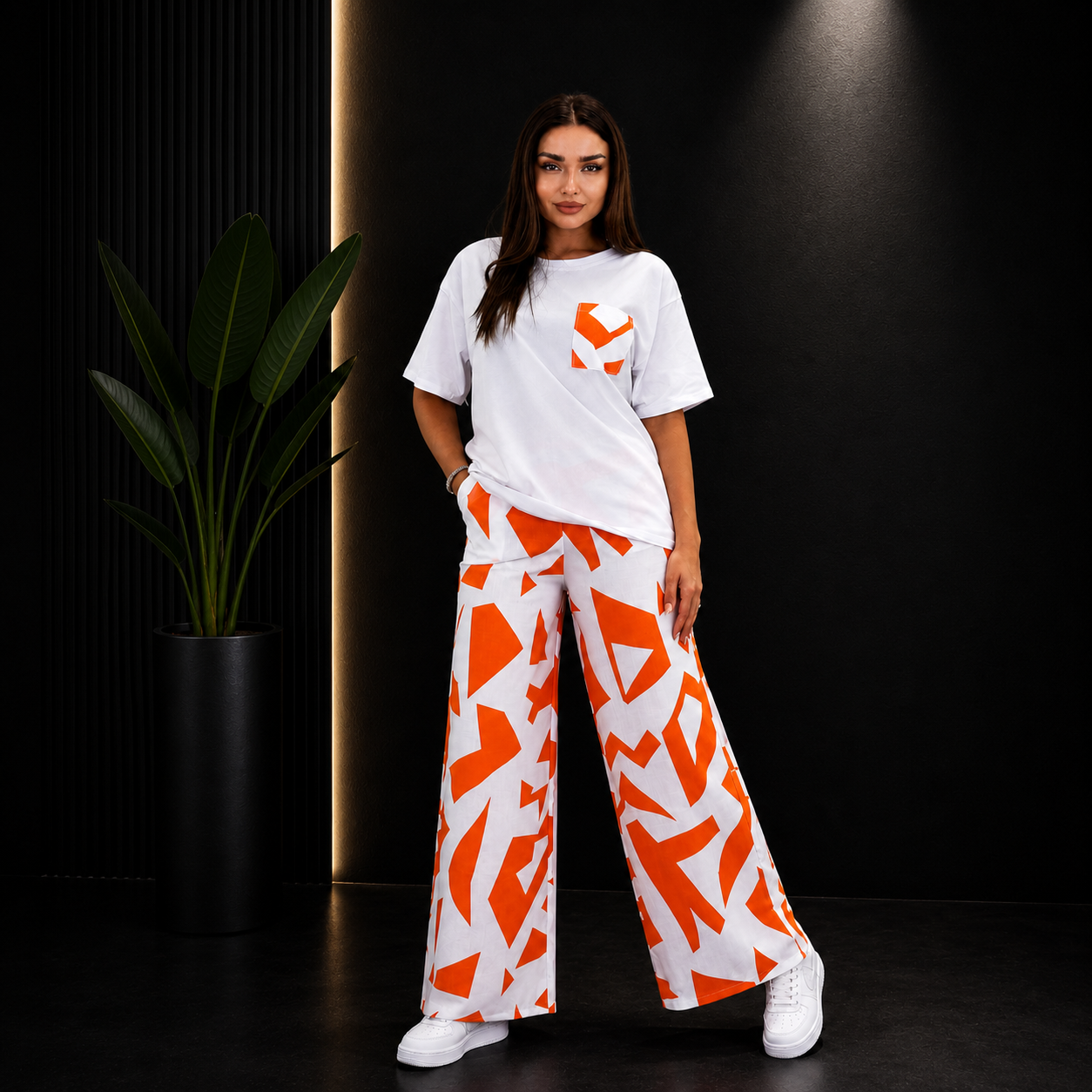 Women’s White & Orange Abstract Printed Co-Ord Set – Oversized Tee & Wide Leg Pants