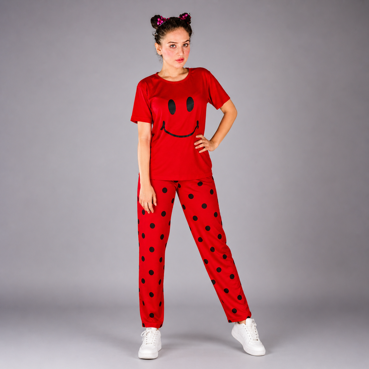 Girls Red Smiley Face Night Suit Set – Soft Polka Dot Pajama Dress for Kids