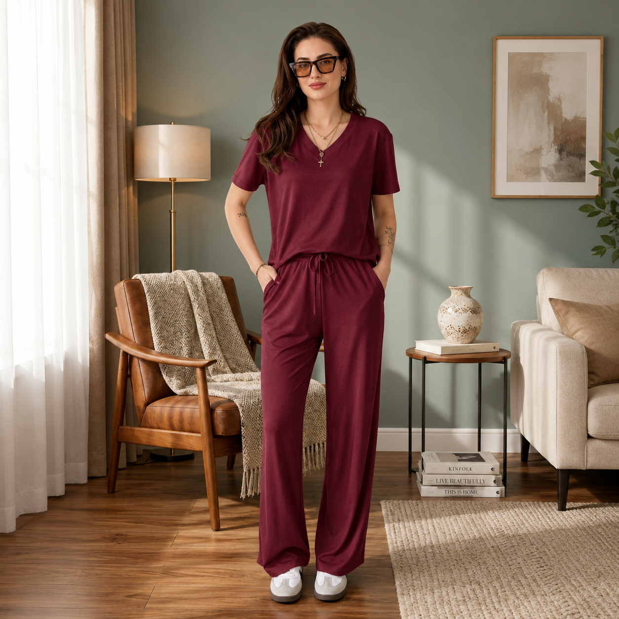 Women’s Premium Maroon Lounge Wear Co-Ord Set – Soft V-Neck T-Shirt & Wide Leg Pants