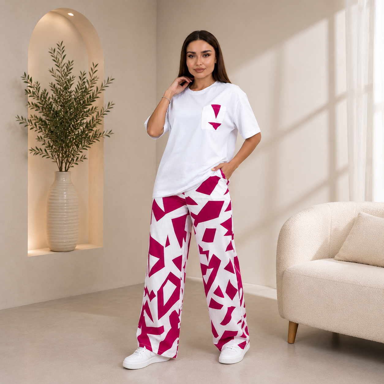 Women’s White & Fuchsia Geometric Co-Ord Lounge Set