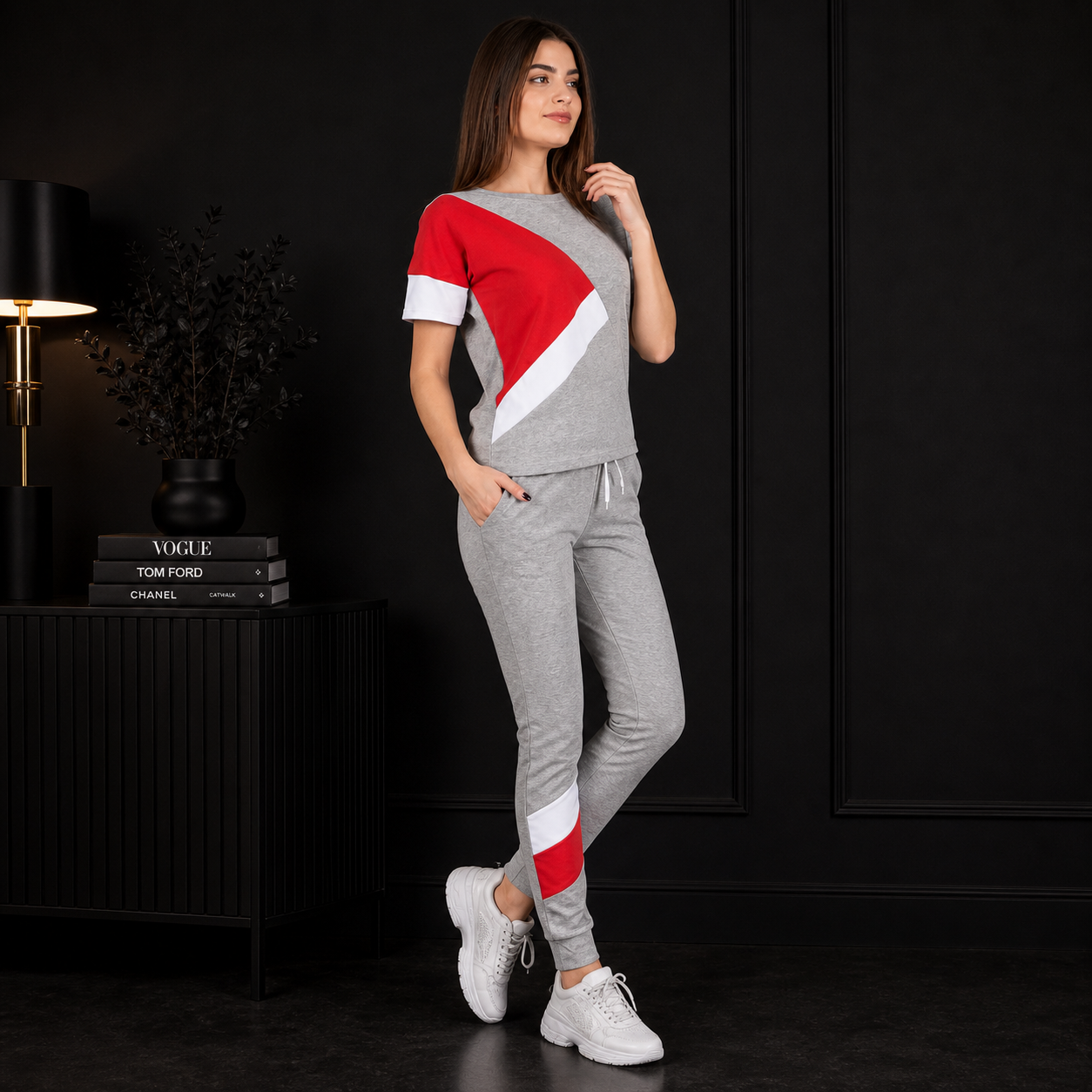 Women’s Grey & Red Color Block Tracksuit Set