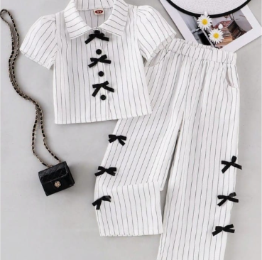 Girls Summer Striped Co-Ord Set – Soft Jersey Shirt & Trousers with Bow Details