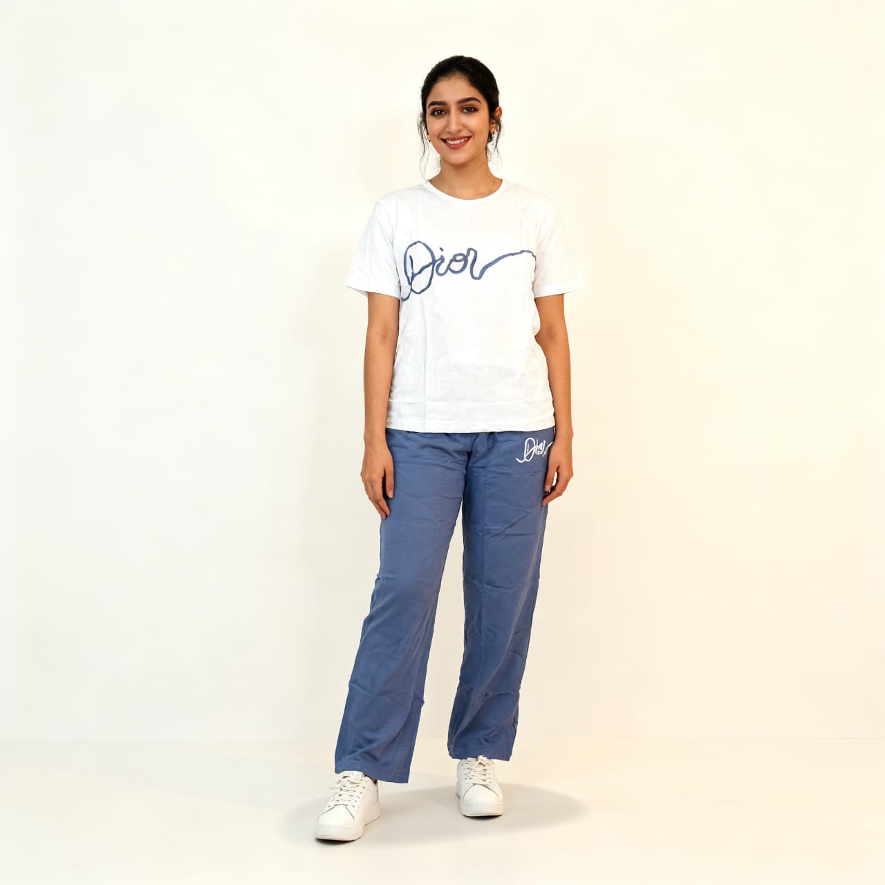 Women’s White & Blue Printed Night Suit Set – Casual Cotton T-Shirt with Straight Pajama