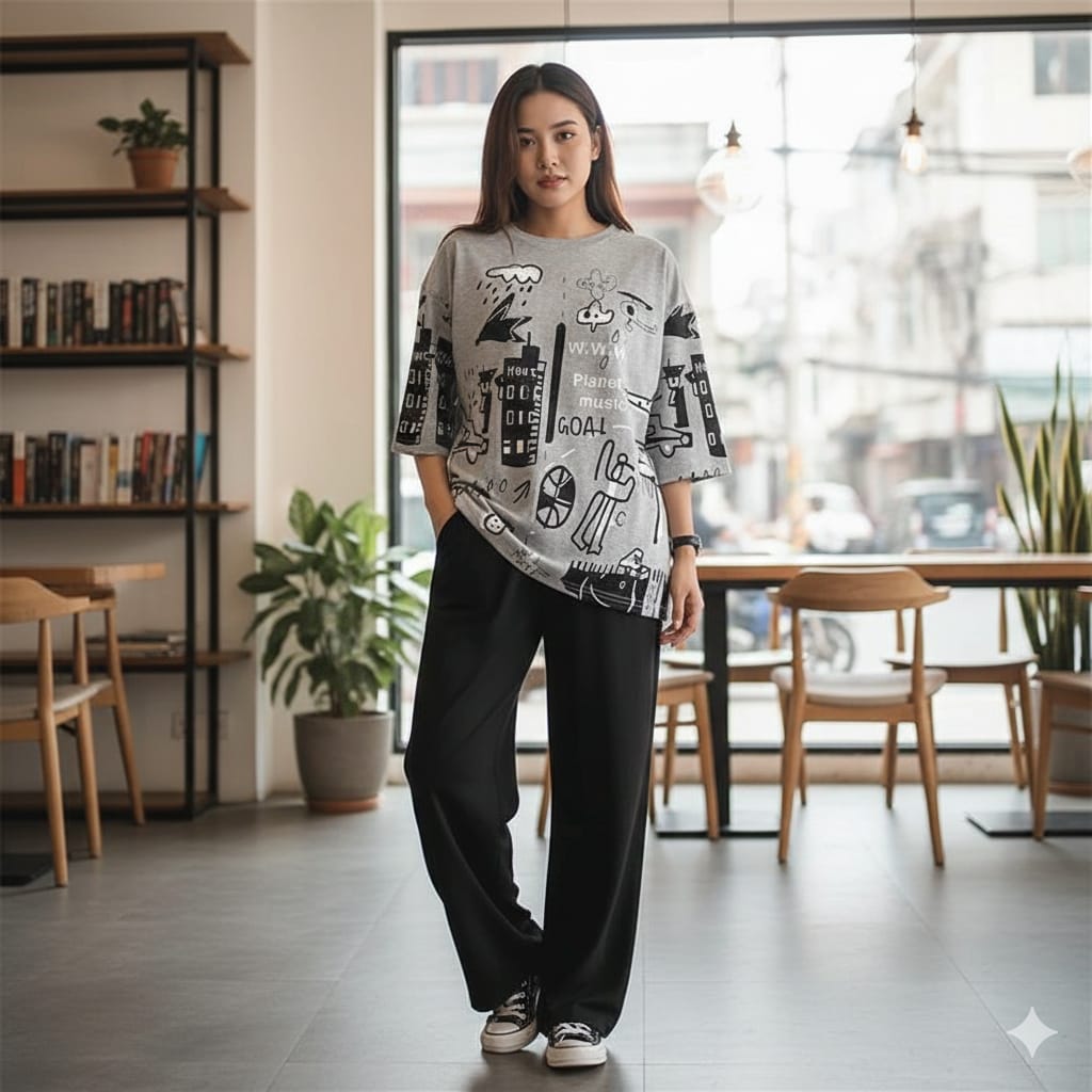 Women’s Grey Graphic Printed Lounge Set – Oversized T-Shirt with Black Wide Leg Trouser