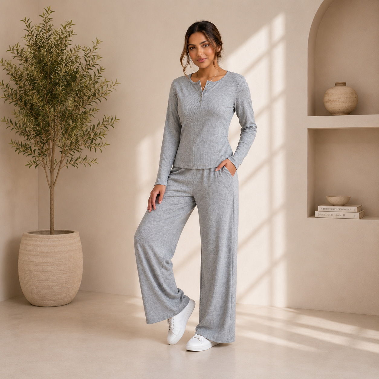 Women’s Heather Grey Ribbed Lounge Wear Co-Ord Set