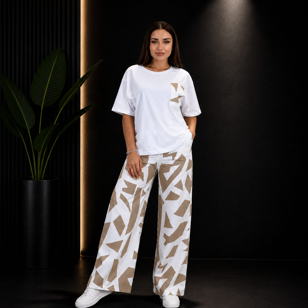 Women’s White & Beige Abstract Printed Co-Ord Set – Casual Wide Leg Lounge Outfit