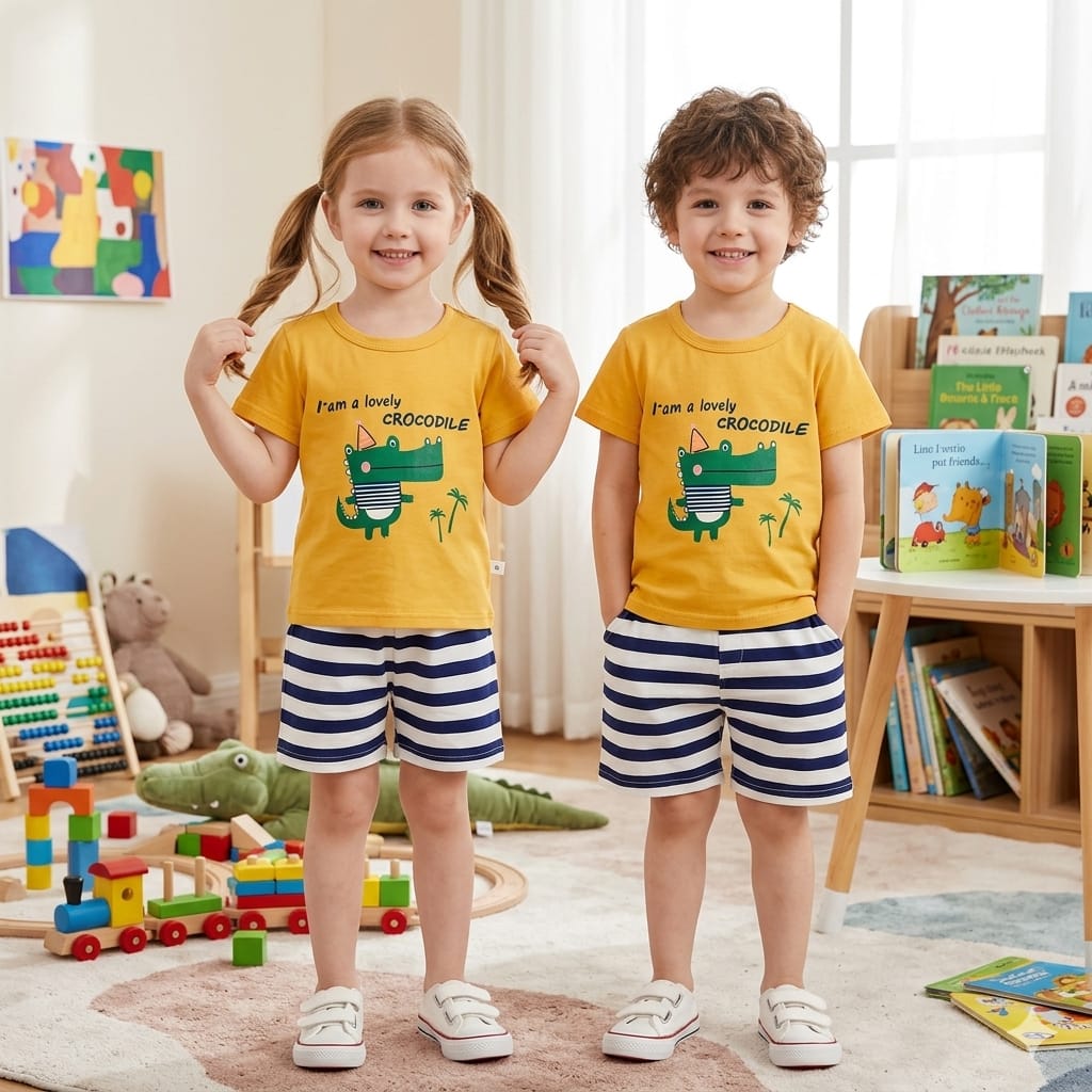 Lovely Crocodile Printed Short Sleeve Kids Wear