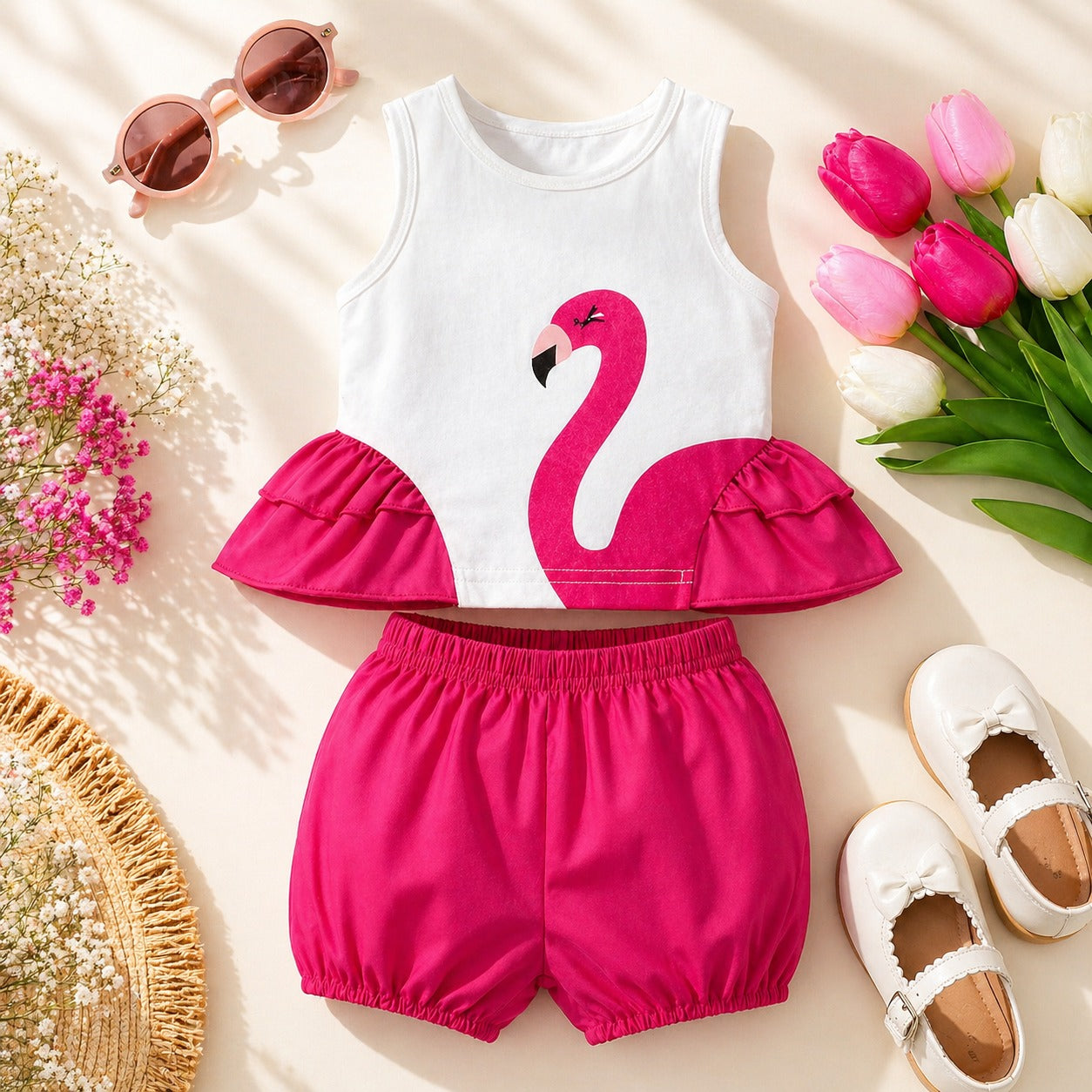 Pink Girls Premium Summer Co-Ord Set – Flamingo Print Sleeveless Top with Bubble Shorts