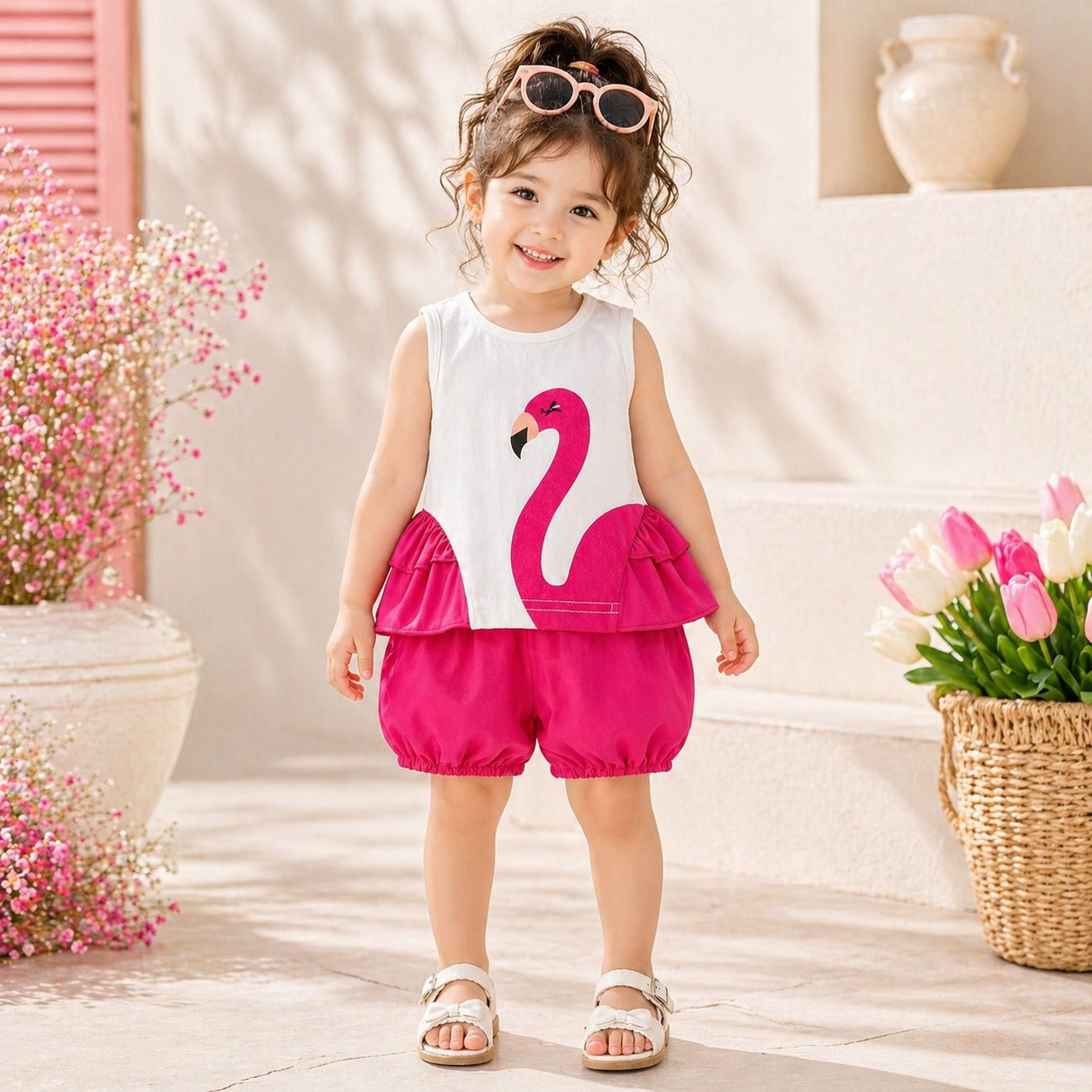 Pink Girls Premium Summer Co-Ord Set – Flamingo Print Sleeveless Top with Bubble Shorts