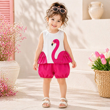 Pink Girls Premium Summer Co-Ord Set – Flamingo Print Sleeveless Top with Bubble Shorts