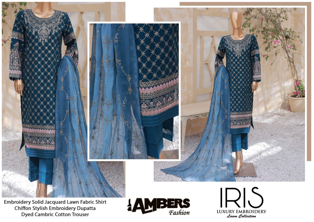 IRIS Luxury Embroidery Jacquard Lawn Collection - 3 Piece Unstitched