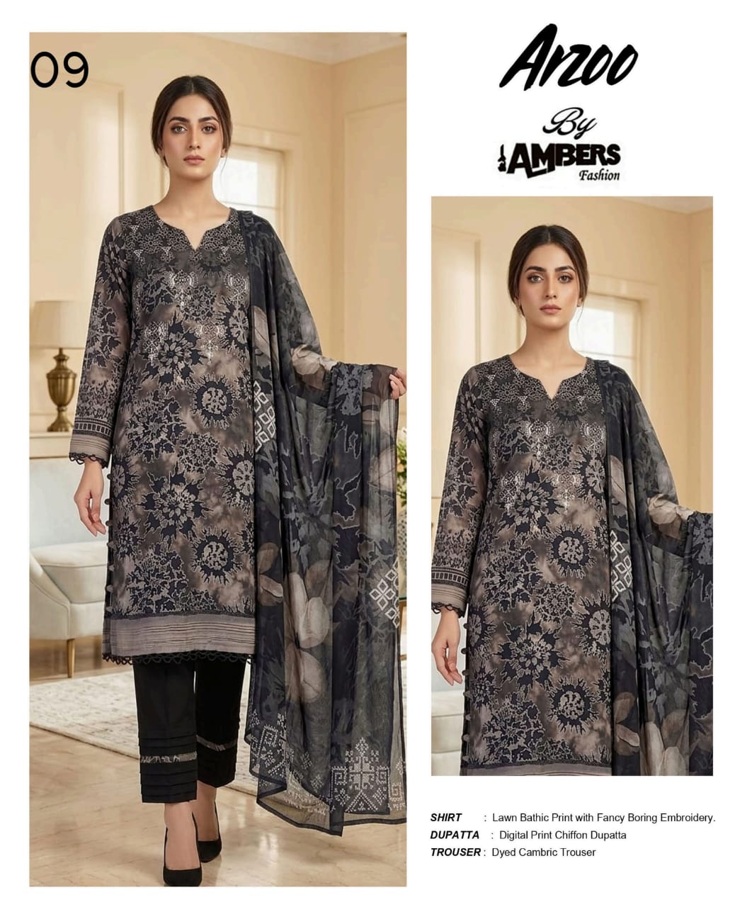 Arzoo Bathic Print Lawn With Fancy Boring Embroidery - 3 Piece Unstitched